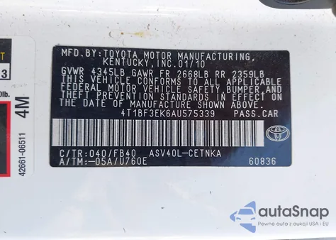 2010 Toyota Camry Le from USA, damaged, VIN 4T1BF3EK6AU575339